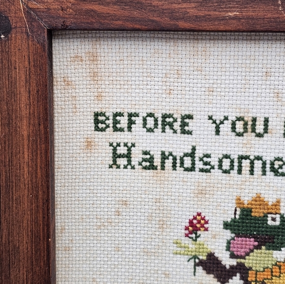 MCM Wood Framed Frog Cross Stitch Art Work Kiss Toads Before Prince Eat Bugs Vtg - Picture 3 of 10